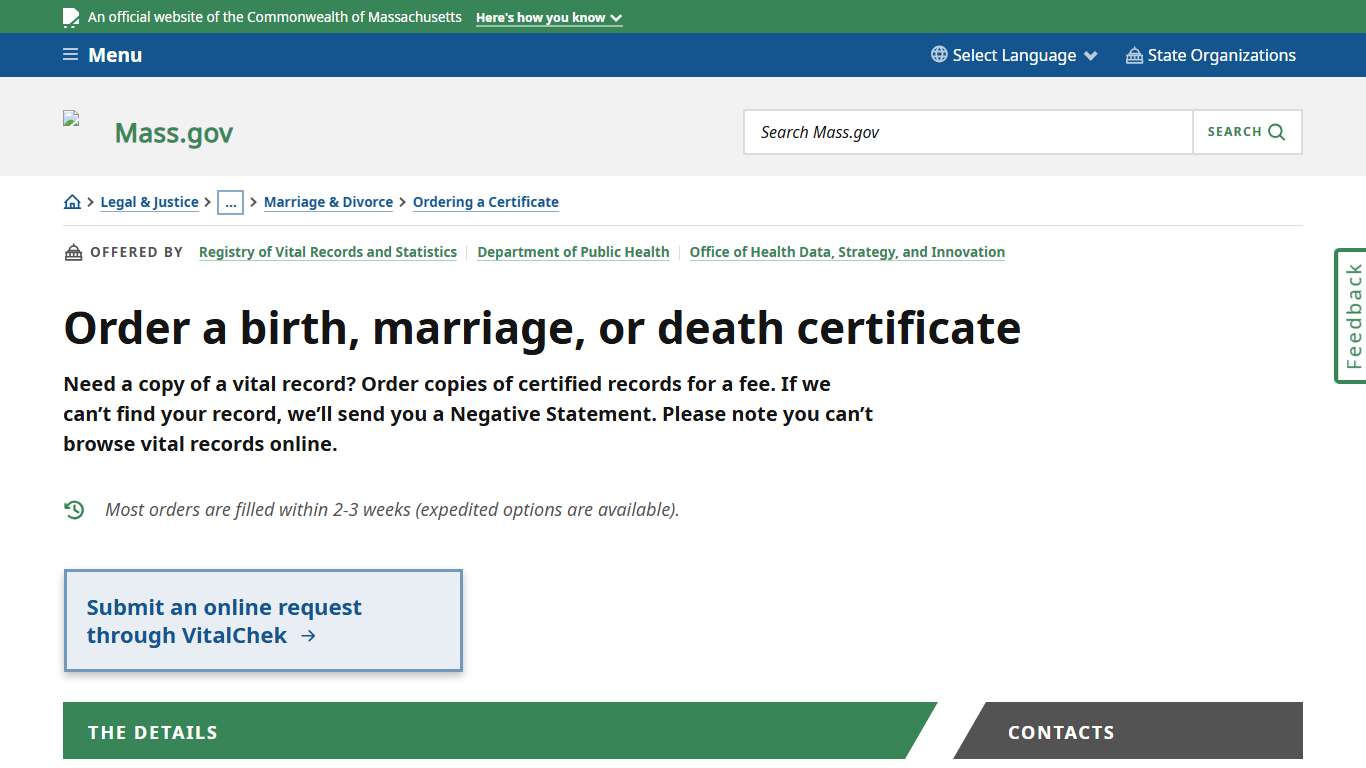 Order a birth, marriage, or death certificate Mass.gov